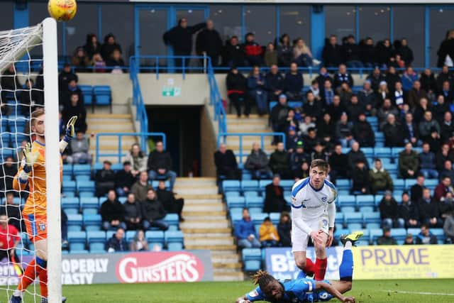Oli Hawkins header over for Pompey today. Picture: Joe Pepler