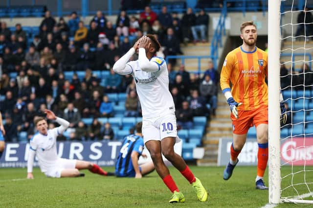Jamal Lowe rues a missed opportunity at Gillingham. Picture: Joe Pepler