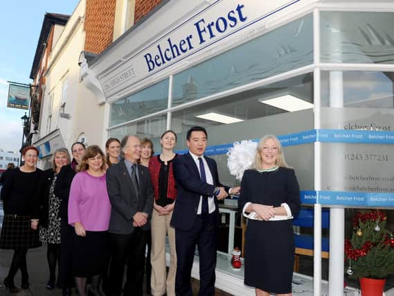 Belcher Frost Solicitors have opened their second office in High Street, Emsworth. Alan Mak MP officially opened the new branch.
Pictured is: Alan Mak MP with staff and (right) Penny Smith, senior partner and director. Picture: Sarah Standing (180873-3745)