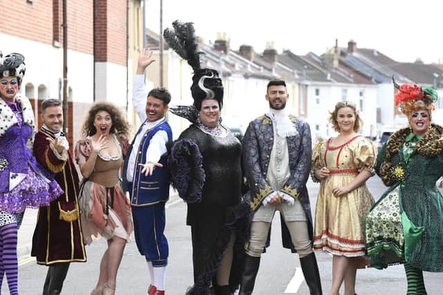The leads from The Kings Theatre's production of Cinderella, with Jack Edwards, centre, as the Wicked Stepmother.
From left: Harry Howle as an Ugly Sister, Marcus Patrick as Dandini, Kaya Rose as Cinderella, Simon Grant as Buttons, Jack Edwards, Jake Quickenden as The Prince, Natasha Barnes as the Fairy Godmother and Paul Lawrence-Thomas as an Ugly Sister. Picture by:  Malcolm Wells (180829-4157)