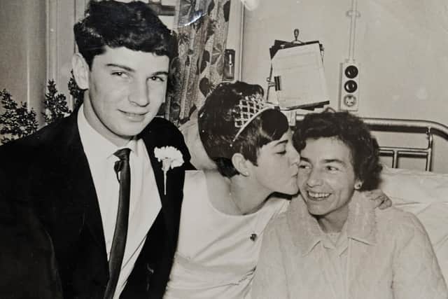 The couple visit Joyce's mum Mary in hospital on their wedding day with a little help from the Navy. Picture Ian Hargreaves.