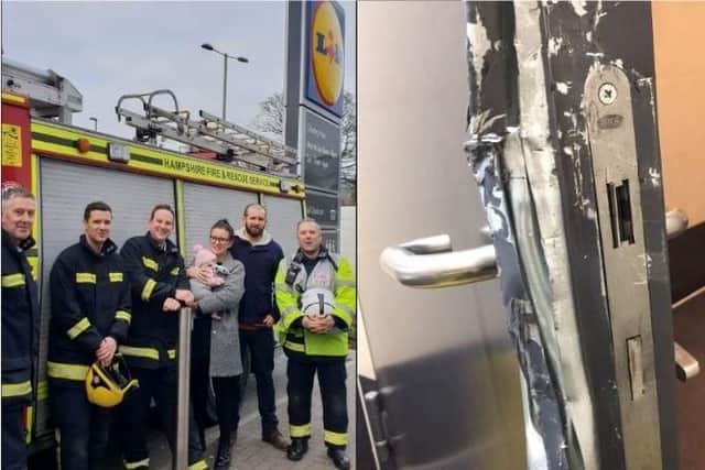 The family with Portchester firefighters and the toilet door lock firefighters had to break to get in. Picture: Portchester Fire Station