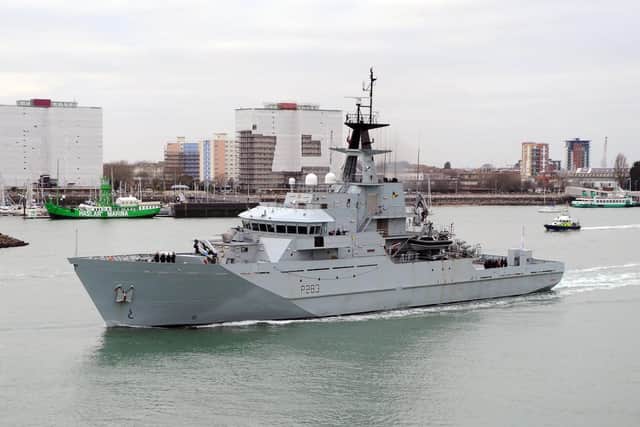 HMS Mersey leaving Portsmouth Harbour on Thursday, November 3, as Britain looks to use the military to respond to the migrant crisis in Dover.
Picture: Sarah Standing (030119-5055)