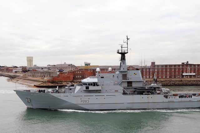 HMS Mersey leaving Portsmouth Harbour on Thursday, November 3, as Britain looks to use the military to respond to the migrant crisis in Dover.
Picture: Sarah Standing (030119-5070)