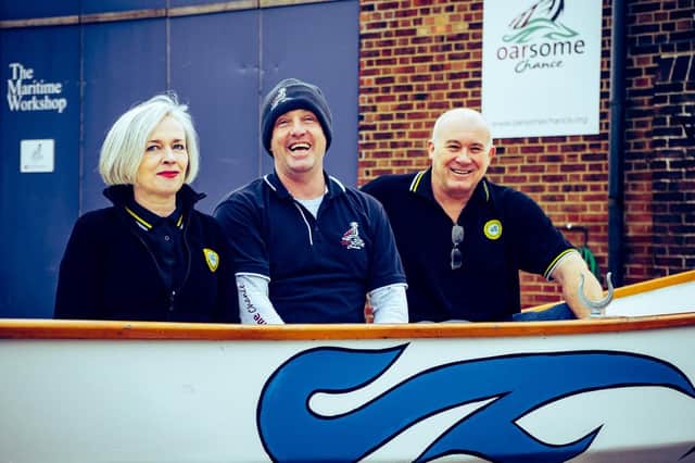 Mark Grinter and Elaine Hamilton from Unite Students Portsmouth with Oarsome Chance Principal John Gillard, centre, launch their support of Oarsome Chance as the companys Charity of the Year at the Maritime Workshop in Gosport.
Picture: Jason Brodie-Browne