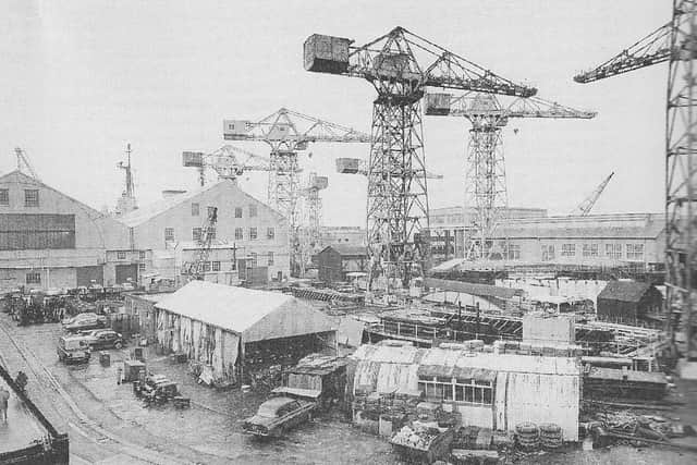 Portsmouth Dockyard, not in the 1940s but  February 3, 1972, with cranes still in place on the slipway. Picture: PHDT