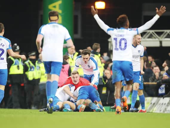 Pompey celebrate Andre Green's last minute winner against Norwich