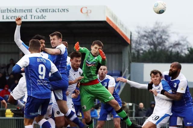 Hawks attack the Barrow goal. Picture: Chris Moorhouse
