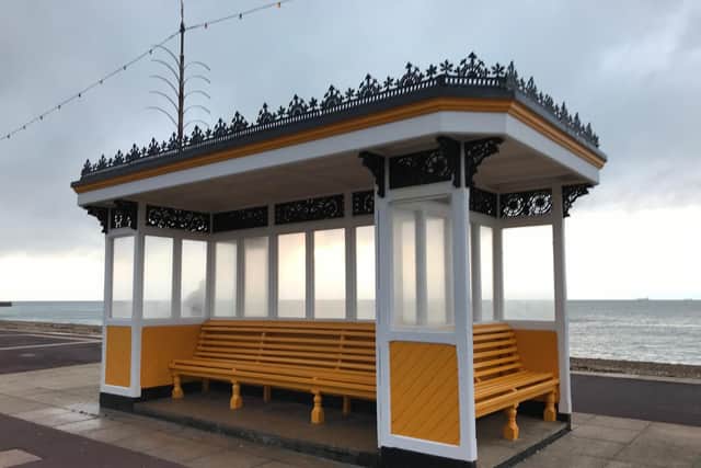 Seating shelter on Southsea seafront, used in an advert for Beagle Street. Picture by Amy Lindley