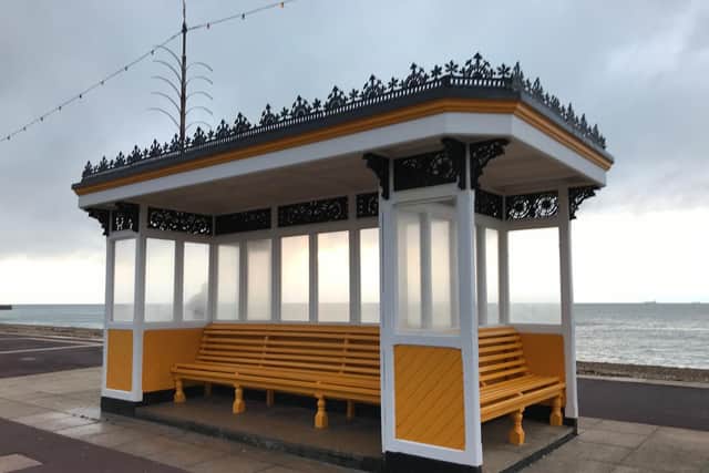 Seating shelter on Southsea seafront, used in an advert for Beagle Street. 
Picture by Amy Lindley
