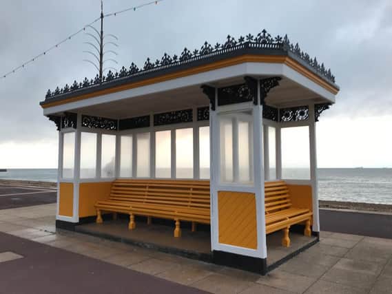 Seating shelter on Southsea seafront, used in an advert for Beagle Street. 
Picture by Amy Lindley