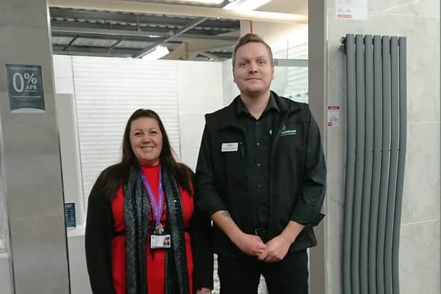 Mike Fisk, showroom manager for Easy Bathrooms in Fareham, with Caroline Payne, from Solent Mind