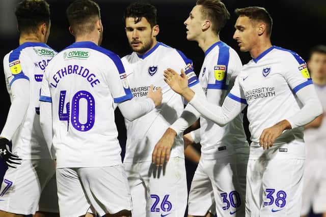 Pompey celebrate at Southend tonight. Picture: Joe Pepler