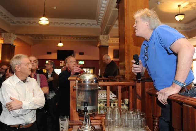 Tim Martin, right, addresses crowds during his Brexit talk at The Isambard Kingdom Brunel Wetherspoon pub in Guildhall Walk. Picture: Habibur Rahman