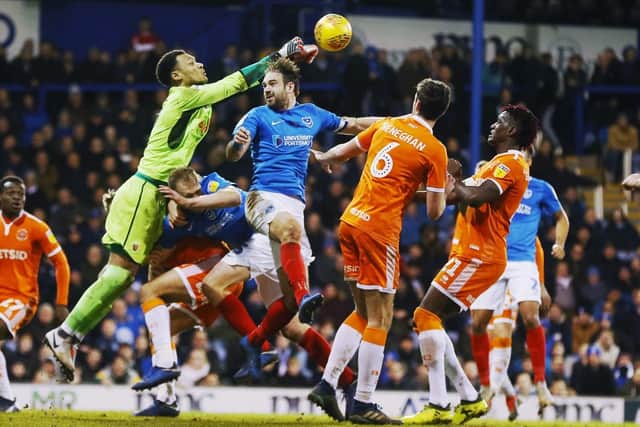 A rare Pompey attack during their abject 1-0 loss to Blackpool at Fratton Park. Picture: Joe Pepler