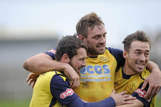 Moneyfields celebrate after Dan Wooden netted against AFC Totton. Picture: Ian Hargreaves (120119-8)
