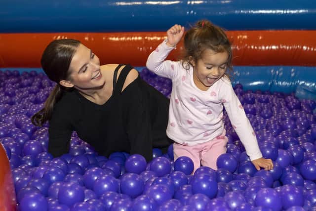 Coronation Street star Helen Flanagan at the launch of the new Inflata Nation Glasgow with her daughter MatildaPicture by Matthew Pover/Marco Richard PR