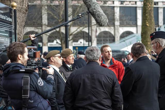 Director Aaron Sayers (pictured in the red) with veterans from the UK Veterans One Voice March in Whitehall during the filming of Chosen Men.