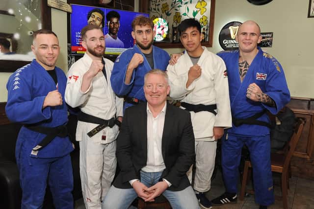 Owner Ian Kirby with the Commonwealth Games Judo Champions including Jordan Mazzumi-Daltum (second from right).   
Picture : Habibur Rahman