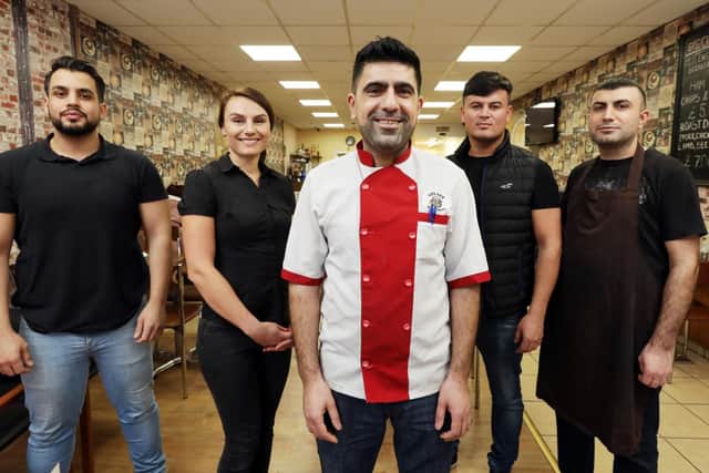 From left, Hussain Khasrow, Aina Magamedova, owner Khaled Sleman, chef Mariwan Osman and Nauzad Khadir. Cafe Nut, London Road, North End. Picture: Chris Moorhouse       (150119-20)