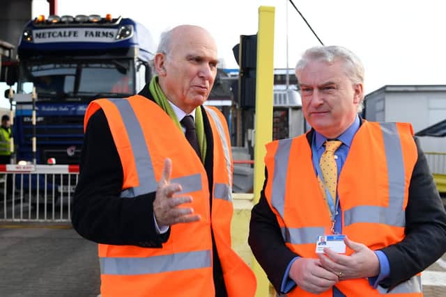 Liberal Democrat leader Sir Vince Cable speaking to Portsmouth City Council leader Gerald Vernon-Jackson last week about the fears he has for the port.
Picture: Malcolm Wells (190108-1903)