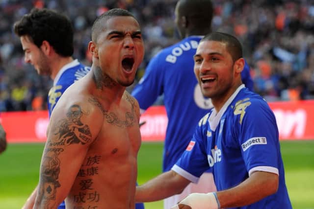 Kevin Prince Boateng celebrates his penalty strike against Spurs in the FA Cup semi-final. Picture:Steve Reid