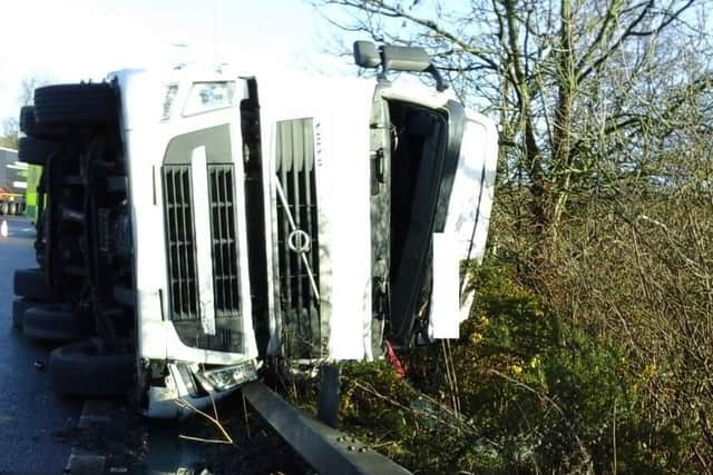 This lorry overturned on the M27 and fortunately no one was injured. Picture: Highways England