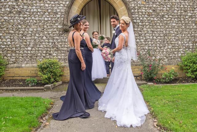 From right: Mum Joanne Elliott, Sasha Madden, Daisy Shelley, Riley Proctor, Shaun Brooker and bride Keeley. Picture: Carla Mortimer Photography