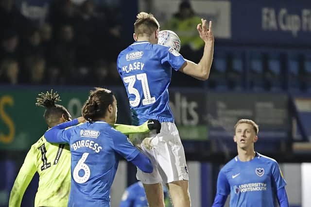 Matt Casey wins another aerial battle in Tuesday night's Checkatrade Trophy victory over Peterborough. Picture: Barry Zee
