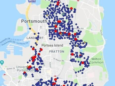 A live image taken from the Google Maps-linked software Portsmouth Water uses in conjunction with its PermaNet+ devices shows where across Portsmouth they are situated in blue. Red dots show potential leaks.