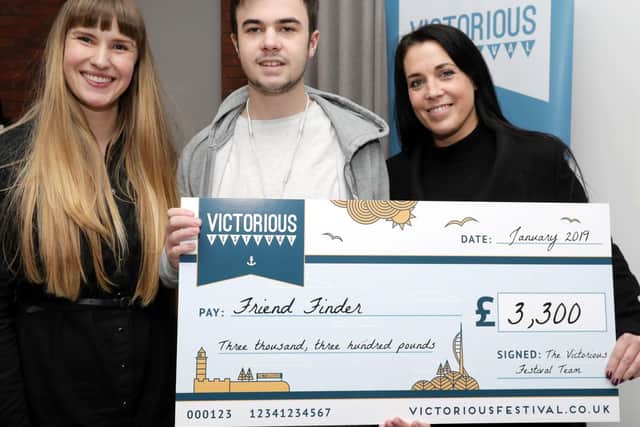 Terri Hall of Victorious, left, pictured with Lewis Hine and his mother, Emma Hine, at the cheque presentation.          Picture: Chris Moorhouse           (240119-13)