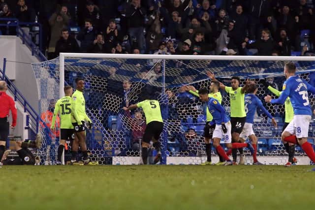 Pompey celebrate their late winner against Peterborough in the Checkatrade Trophy earlier this week
