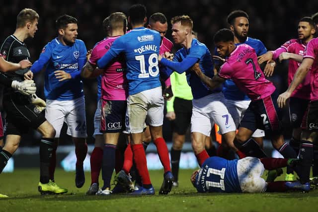 A melee broke out between Pompey and QPR. Picture: Joe Pepler