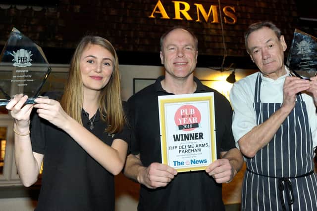 The Delme Arms in Fareham, has won The News, Portsmouth competition for Pub of the Year.
Pictured is: (middle) Landlord Neil Matthews with Lou Fuller and head chef Adrian Leslie with their award that they won last year and this year.
Picture: Sarah Standing (250119-7263)