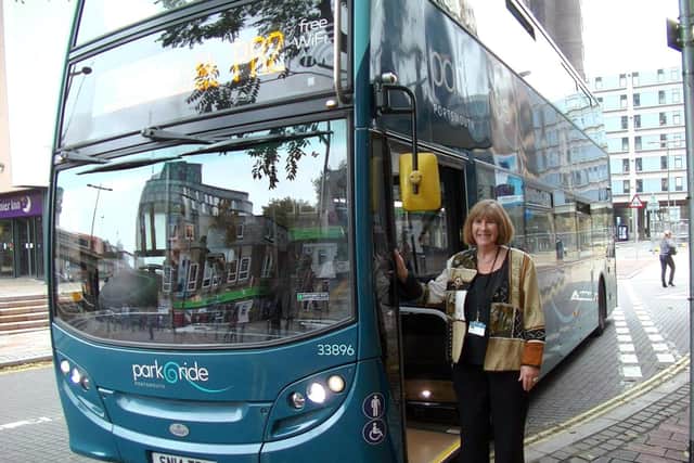 Cllr Lynne Stagg with a Park and Ride PR2 bus. Picture: Supplied