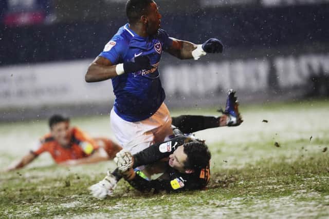 Omar Bogle watches his shot enter the net for a debut goal at Luton. Picture: Joe Pepler