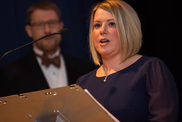 The Business Excellence Awards - Lucy Grey, Partner with main sponsor Trethowans Solicitors  introduces the event watched by The News Editor Mark Waldron          Picture: Vernon Nash (180064-40)