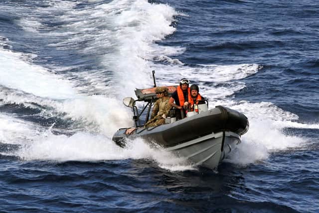 RFA Mounts Bay's sea boat with the Legal Enforcement Detachment team
Picture: David A Winning