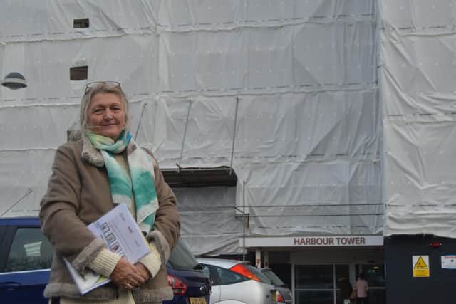 Angie Webster outside Harbour Tower in Gosport. Picture: David George