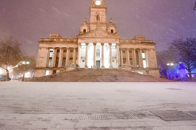 Snow falling in Portsmouth Guildhall - posted on Twitter by Portsmouth Guildhall