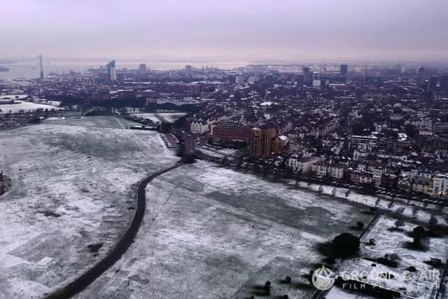 Drone footage of snowy Portsmouth. Picture: Ground and Air Films