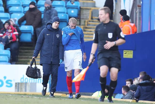 Jack Whatmough was forced off against Doncaster on 28 minutes with a knee problem. Picture: Joe Pepler