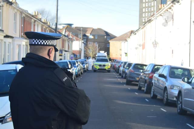 A police officer guards the scene at Hudson Road, in Somers Town following the shooting. Photo: David George.