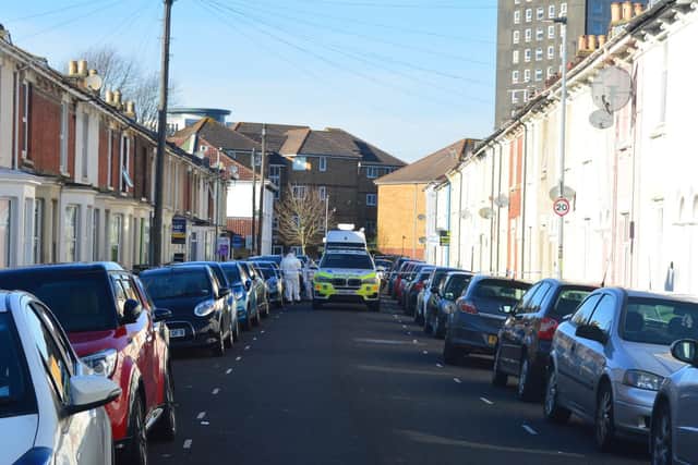 Police scenes of crime officers have been spotted gathering evidence in Hudson Road after the shooting. Photo: David George