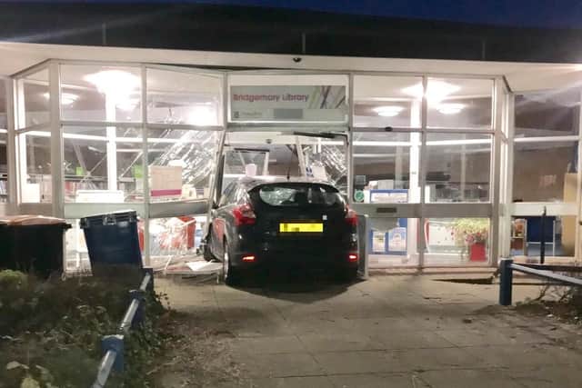 The vehicle crashed into the library earlier this evening.