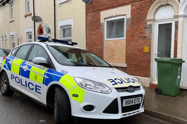 Police outside a home in Hudson Road, Somers Town, where a 21-year-old man was shot in the leg. Picture: Ben Fishwick