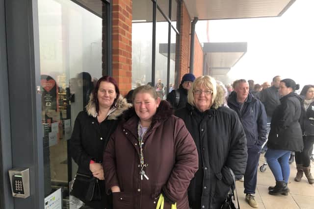 Shoppers waiting outsIde the new M&S Food Hall at Brockhurst Gate Retail Park in Gosport 
Left to right: April Jones, 45, from Gosport, Sarah Grant, 50, from Rowner, and Susan Corless, 68, from Alver Village.