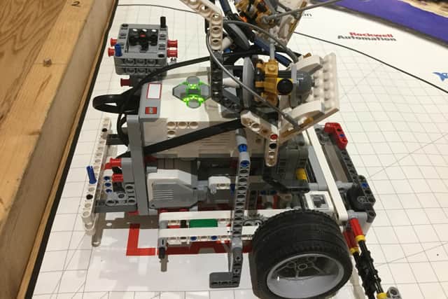 EV3, a robot built by Agile Supernova to complete a range of physical tasks, at the First lego League regional heats at the University of Portsmouth. Picture: Liz Stoneham