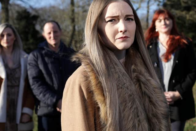 Becki Chalk and her family, sister Kayleigh, father Michael and mother Janine, pictured in Fareham. The family are upset that the Department of Work and Pensions have said that epileptic Becki is fit to work and will not receive any benefits.  Picture: Chris Moorhouse        (020219-22)