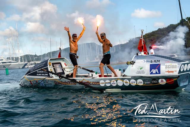 Peter Netley from Denmead and Neil Young, from Bracknell, Berkshire arrive at the Nelson's Dockyard English Harbour in Antigua - completing the 2018 Talisker Whisky Atlantic Challenge. Picture: Ted Martin